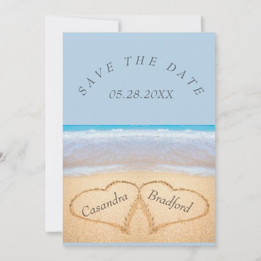 Chic Dusty Blue Beach bruiloft harten zand bruilof Kaart (Achterkant)