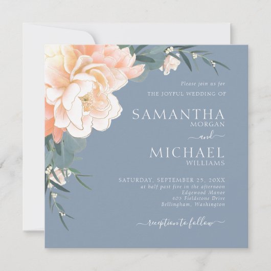 Chic Dusty Blue Blush Peach Gold Floral Wedding Kaart (Voorkant)