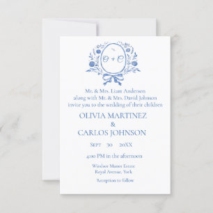 Chic Dusty Blue Crest Monogram elegante bruiloft Kaart
