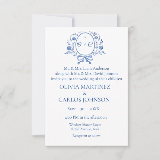 Chic Dusty Blue Crest Monogram elegante bruiloft Kaart (Voorkant)