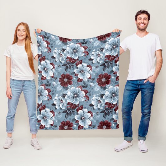Chic Dusty Blue en Bourgogne Bloemen Deken (In situ)