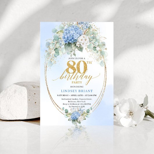 Chic Dusty Blue Eucalyptus 80ste Verjaardagsuitnod Kaart