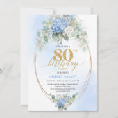 Chic Dusty Blue Eucalyptus 80th Birthday Invite Kaart (Voorkant)