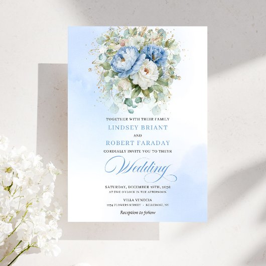 Chic Dusty Blue Floral Botanical Wedding Invite Kaart