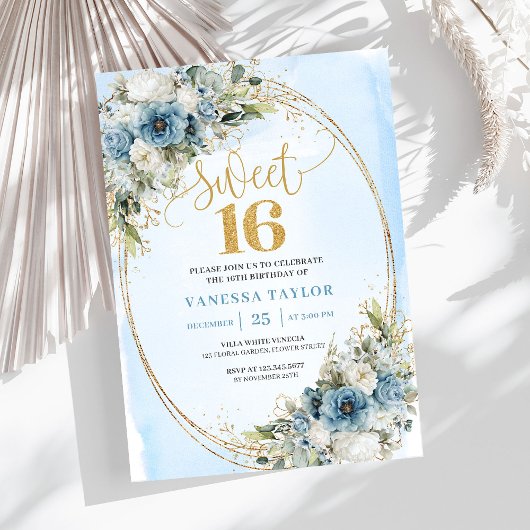 Chic Dusty Blue Floral Eucalyptus Sweet 16 Invite Kaart