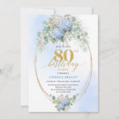 Chic Dusty Blue Floral Gold 80th Birthday Invite Kaart (Voorkant)