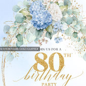 Chic Dusty Blue Floral Gold 80th Birthday Invite Kaart