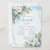 Chic Dusty Blue Floral Gold Glitter Dinner Invites Kaart (Voorkant)