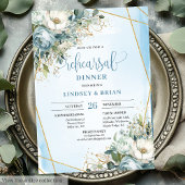 Chic Dusty Blue Floral Gold Glitter Dinner Invites Kaart