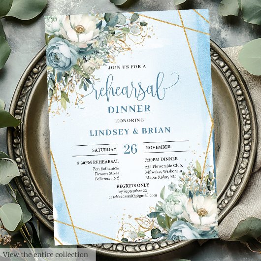 Chic Dusty Blue Floral Gold Glitter Dinner Invites Kaart