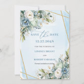 Chic Dusty Blue Floral Gold Save The Date Kaart (Voorkant)