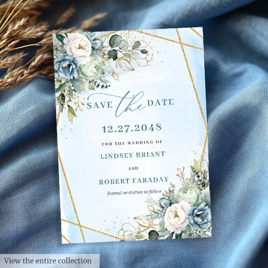 Chic Dusty Blue Floral Gold Save The Date Kaart