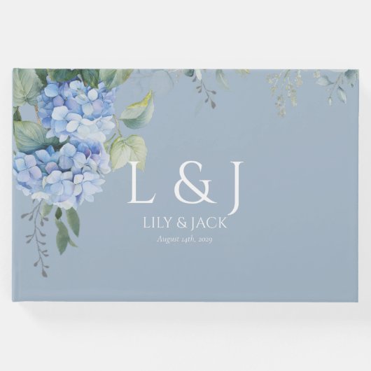 Chic Dusty Blue Floral Hydrangea Bruiloft Gastenbo Gastenboek (Voorkant)
