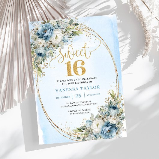 Chic Dusty Blue Floral Sweet 16th Birthday Invites Kaart