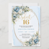 Chic Dusty Blue Floral Sweet 16th Birthday Invites Kaart (Voorkant)