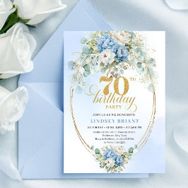 Chic Dusty Blue Flowers 70th Birthday Invitation  Kaart