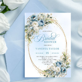 Chic Dusty Blue Flowers Gold Bridal Shower Invite Kaart