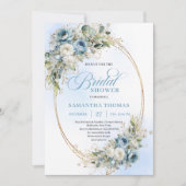 Chic Dusty Blue Flowers Gold Bridal Shower Invite Kaart (Voorkant)