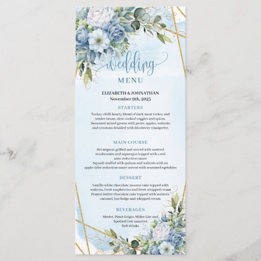 Chic Dusty Blue Flowers Greenery Gold Wedding Menu (Voorkant)