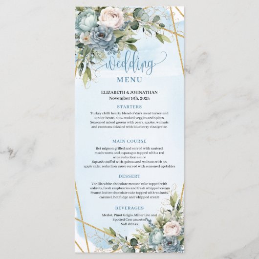 Chic Dusty Blue Flowers White Gold Wedding Menu (Voorkant)