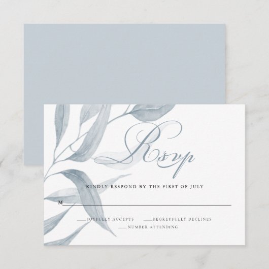 Chic Dusty Blue Foliage Wedding Response RSVP Kaartje (Voorkant / Achterkant)
