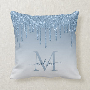 Chic Dusty Blue Glitter Drift Glam Monogram Script Kussen
