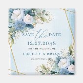 Chic Dusty Blue Gold Frame Floral Save the Date Magneet (Voorkant)