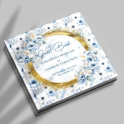 Chic Dusty Blue Gold Glitter Wedding Guest Book Gastenboek