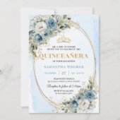 Chic Dusty Blue Gold Greenery 15th Birthday Invite Kaart (Voorkant)