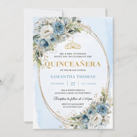 Chic Dusty Blue Gold Greenery 15th Birthday Invite Kaart (Voorkant)