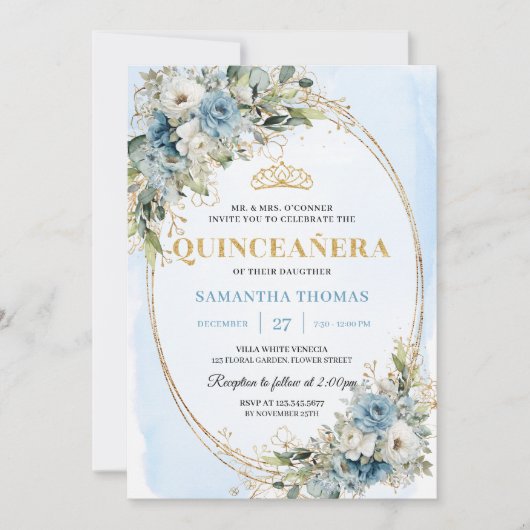 Chic Dusty Blue Gold Greenery Quince 15 Invitation Kaart (Voorkant)