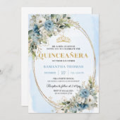 Chic Dusty Blue Gold Greenery Quince 15 Invitation Kaart (Voorkant / Achterkant)