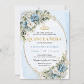 Chic Dusty Blue Gold Greenery Quinceañera Invite Kaart (Voorkant)
