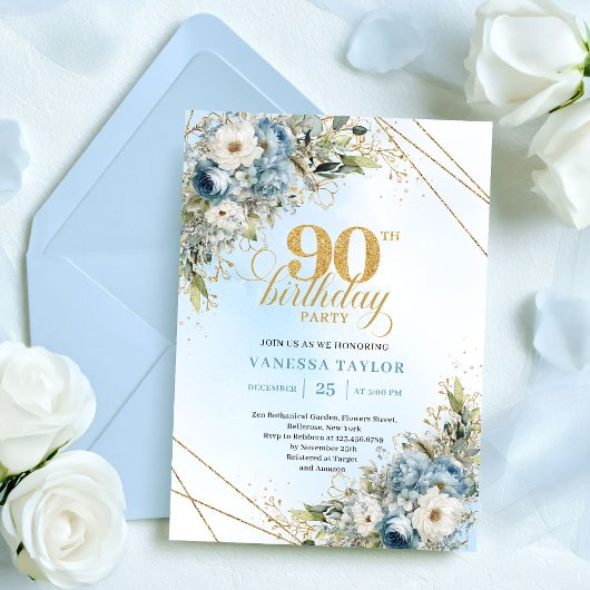 Chic Dusty Blue Gold Script 90th Birthday Invite Kaart