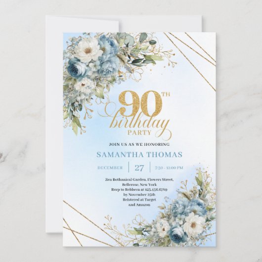 Chic Dusty Blue Gold Script 90th Birthday Invite Kaart (Voorkant)