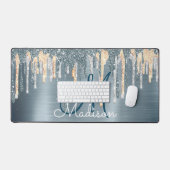 Chic dusty blue gouddruppelmonogram bureaumat (Keyboard & Muis)