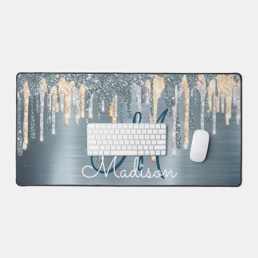 Chic dusty blue gouddruppelmonogram bureaumat (Keyboard & Muis)