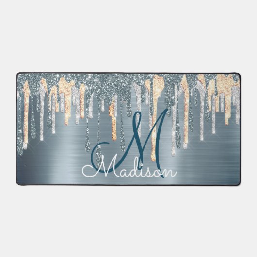 Chic dusty blue gouddruppelmonogram bureaumat (Voorkant)