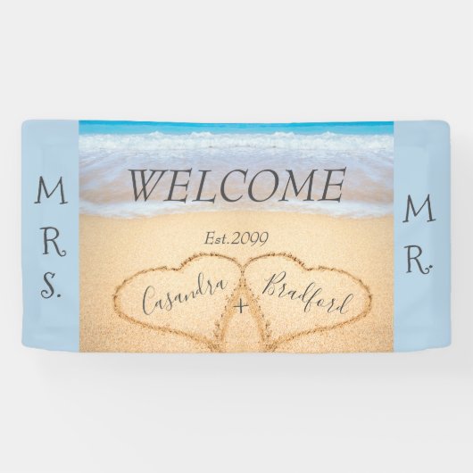 Chic Dusty Blue Hearts Beach welkom bruiloft Spandoek (Horizontaal)