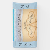 Chic Dusty Blue Hearts Beach welkom bruiloft Spandoek (Verticaal)