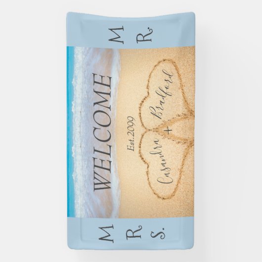 Chic Dusty Blue Hearts Beach welkom bruiloft Spandoek (Verticaal)