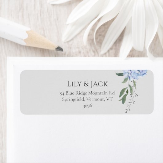 Chic Dusty Blue Hydrangea Floral retouradres Etiket (Insitu)