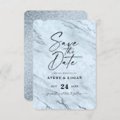 Chic Dusty Blue Marmer met grijze Folie - Gegevens Save The Date (Voorkant / Achterkant)
