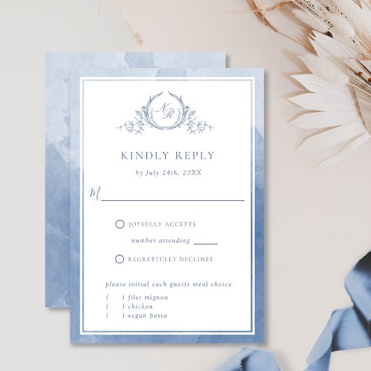 Chic Dusty Blue Monogram en Waterverf RSVP Kaartje