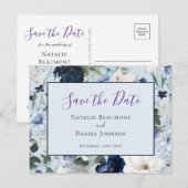 Chic Dusty Blue Navy Floral Save the Date Aankondigingskaart (Voorkant / Achterkant)