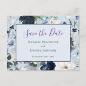 Chic Dusty Blue Navy Floral Save the Date Aankondigingskaart (Voorkant)
