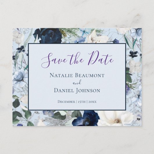 Chic Dusty Blue Navy Floral Save the Date Aankondigingskaart (Voorkant)