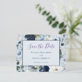 Chic Dusty Blue Navy Floral Save the Date Aankondigingskaart (Staand voorkant)