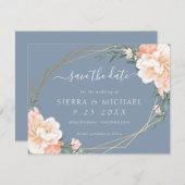Chic Dusty Blue Peach Floral Gold Save the Date Aankondiging (Voorkant / Achterkant)