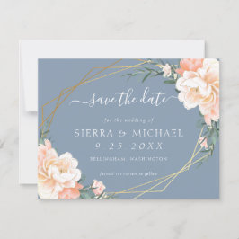 Chic Dusty Blue Peach Floral Gold Save the Date Aankondiging